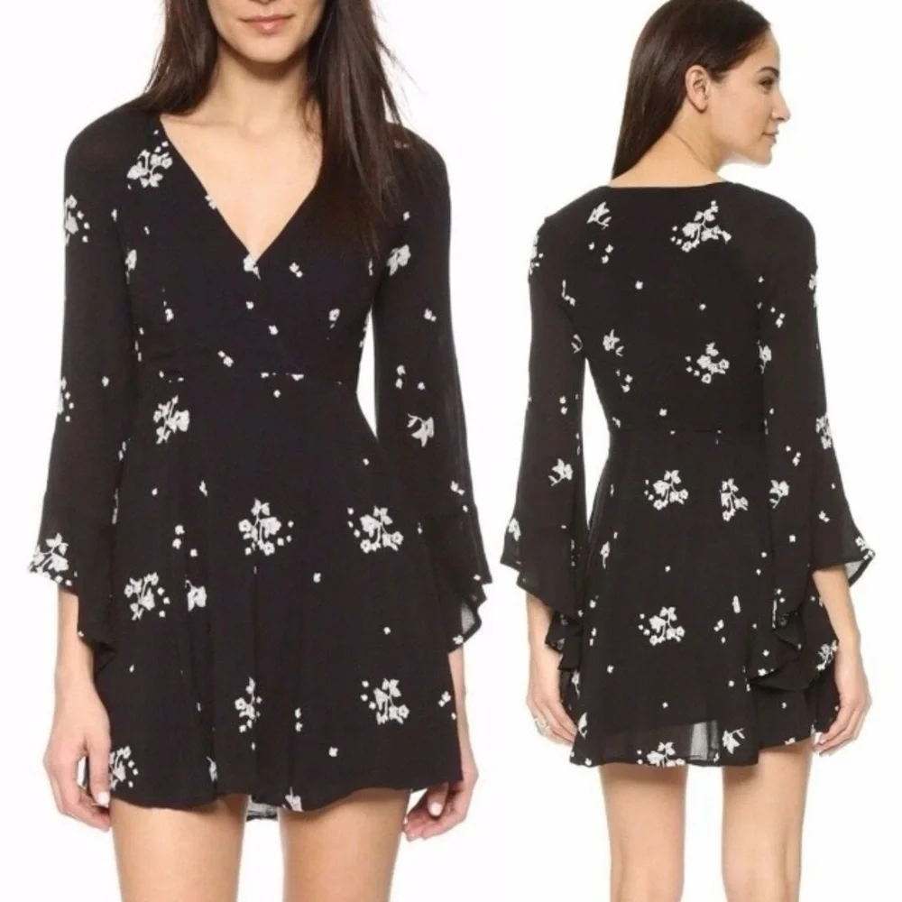 Free People Jasmine Embroidered Floral Bell Sleeve Mini Dress Size 4 - Picture 1 of 11